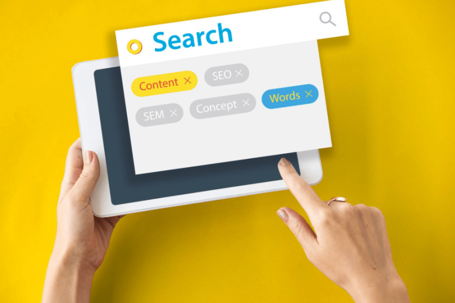 Yellow background with SEO, CONTENT, SEM, and WORDS written on top, representing key concepts in digital marketing and content strategy, aligned with the article 'Unlock Your Website's Potential: 10 Easy SEO Tips for Better Visibility, touchvision.site